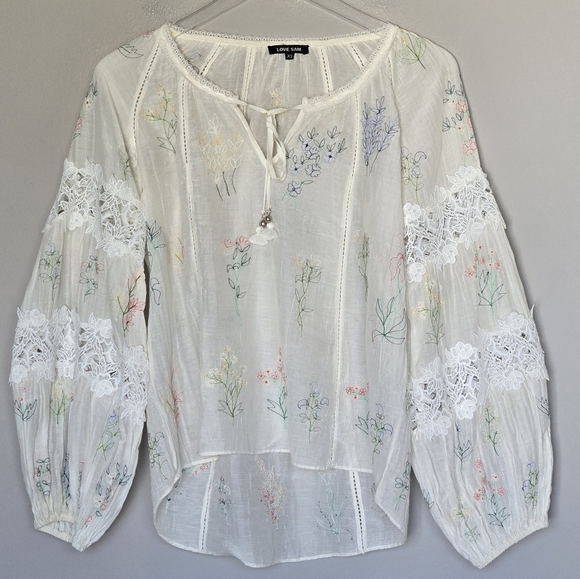 Love Sam Tops - Love Sam Balloon Sleeve Floral Embroidered Cream Boho Cotton Silk Top Size XS